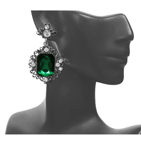 Green Silver Elegant Large Gemstone Post Earrings