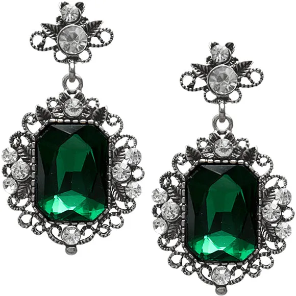 Green Silver Elegant Large Gemstone Post Earrings