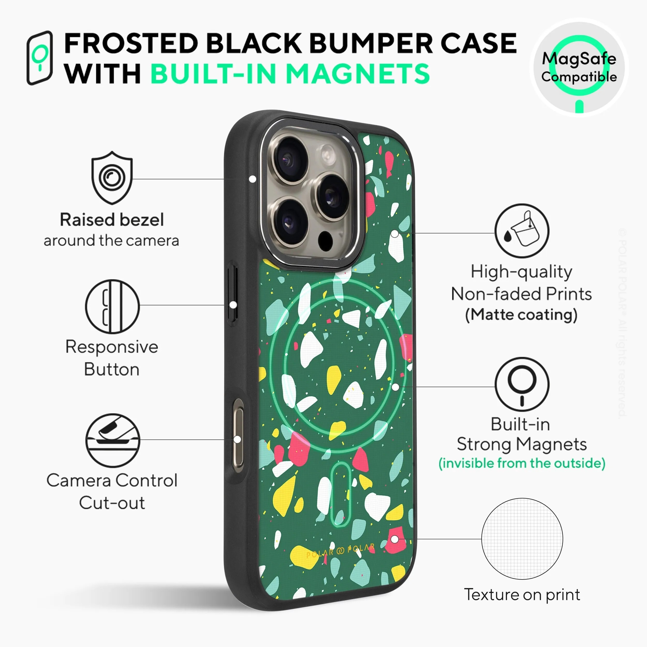 Greenfield Terrazzo - iPhone 16 Pro Frosted Black Bumper MagSafe Case