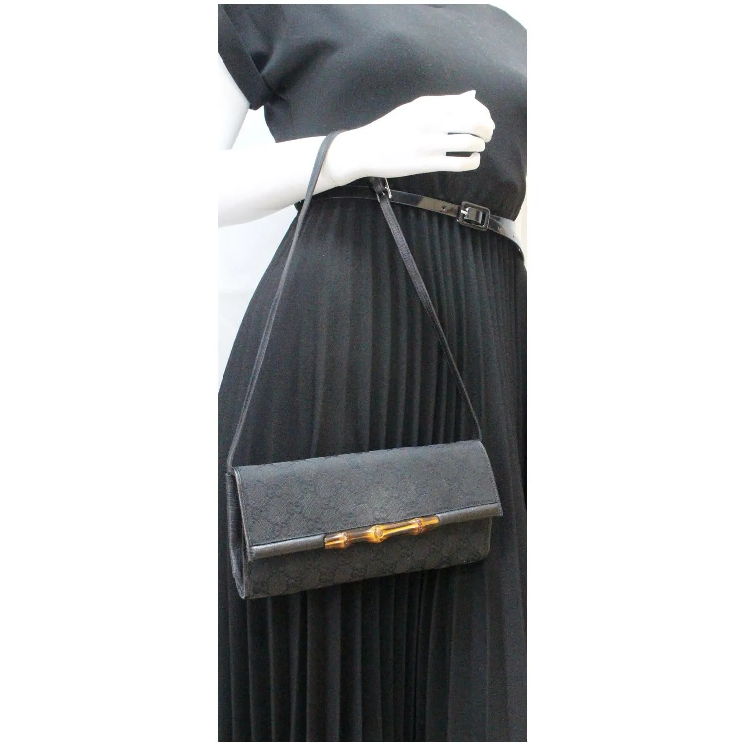 GUCCI Bamboo GG Monogram Canvas Clutch Bag Black