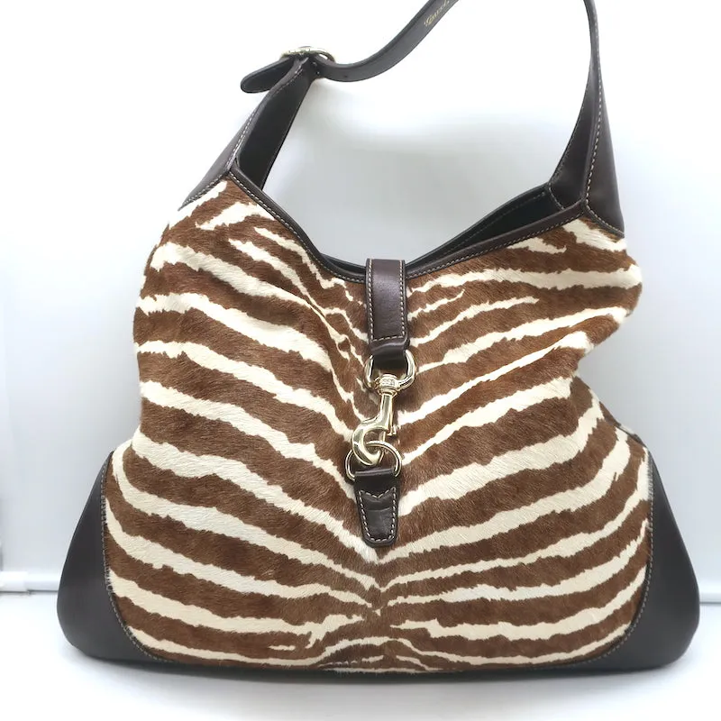 Gucci Jackie O Bouvier Hobo Brown Zebra Print Pony Hair Large Shoulder Bag