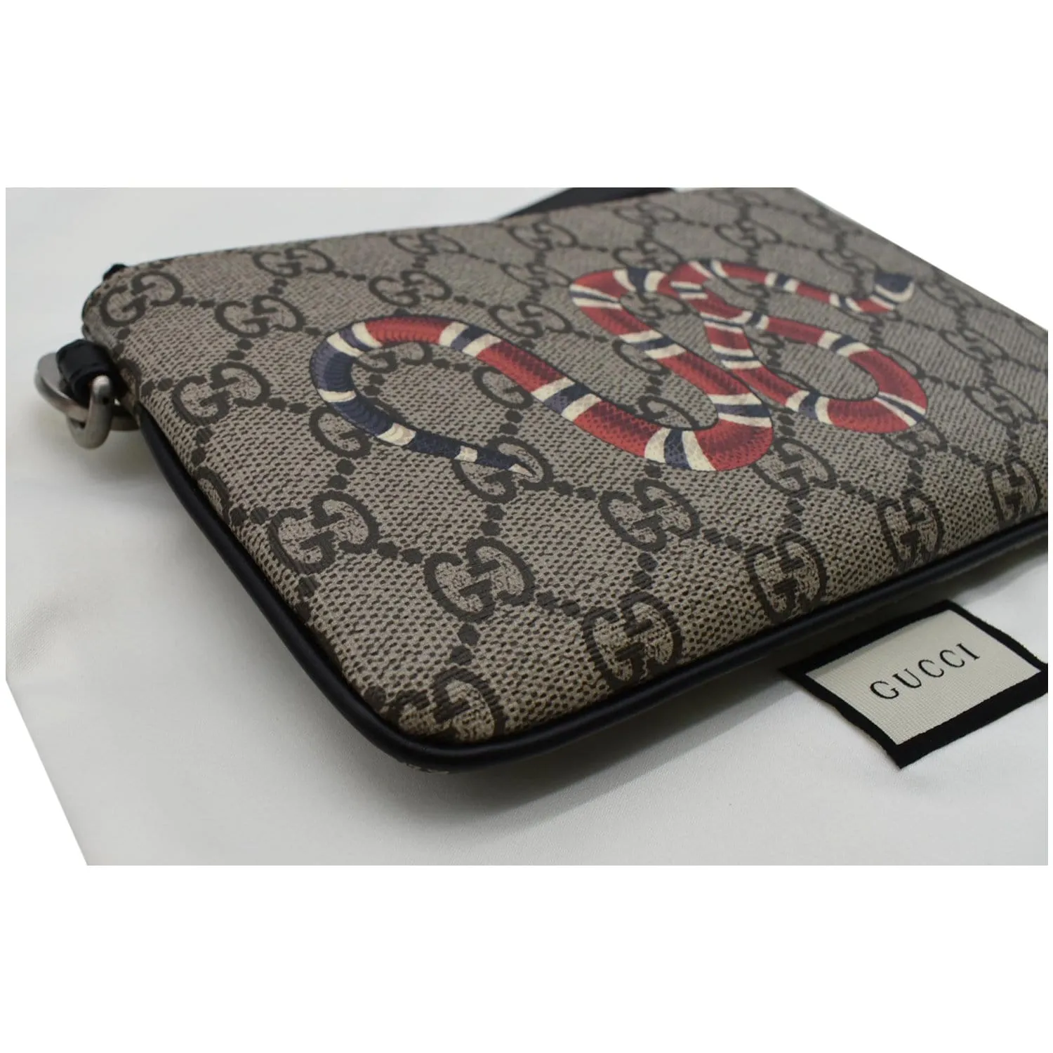 GUCCI Kingsnake Print GG Supreme Canvas Pouch Wristlet Beige 597556