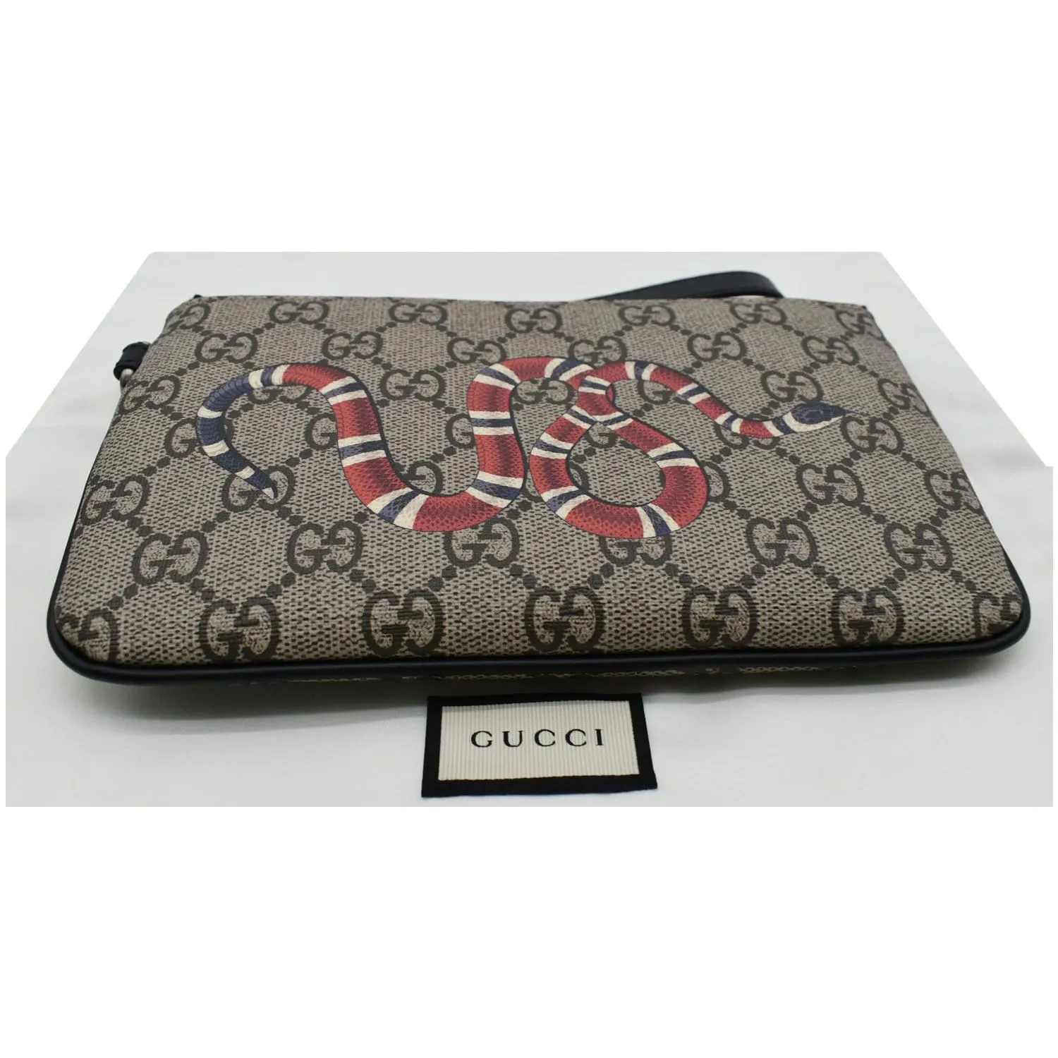 GUCCI Kingsnake Print GG Supreme Canvas Pouch Wristlet Beige 597556