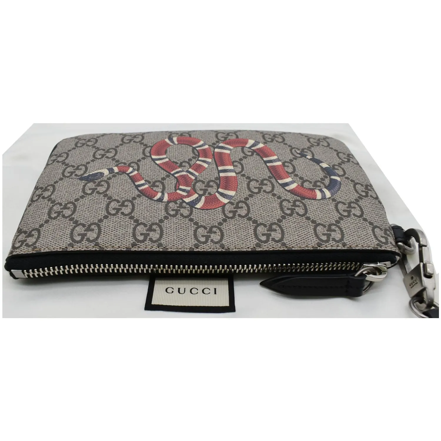 GUCCI Kingsnake Print GG Supreme Canvas Pouch Wristlet Beige 597556