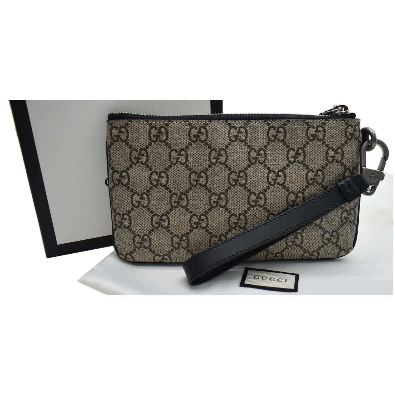 GUCCI Kingsnake Print GG Supreme Canvas Pouch Wristlet Beige 597556