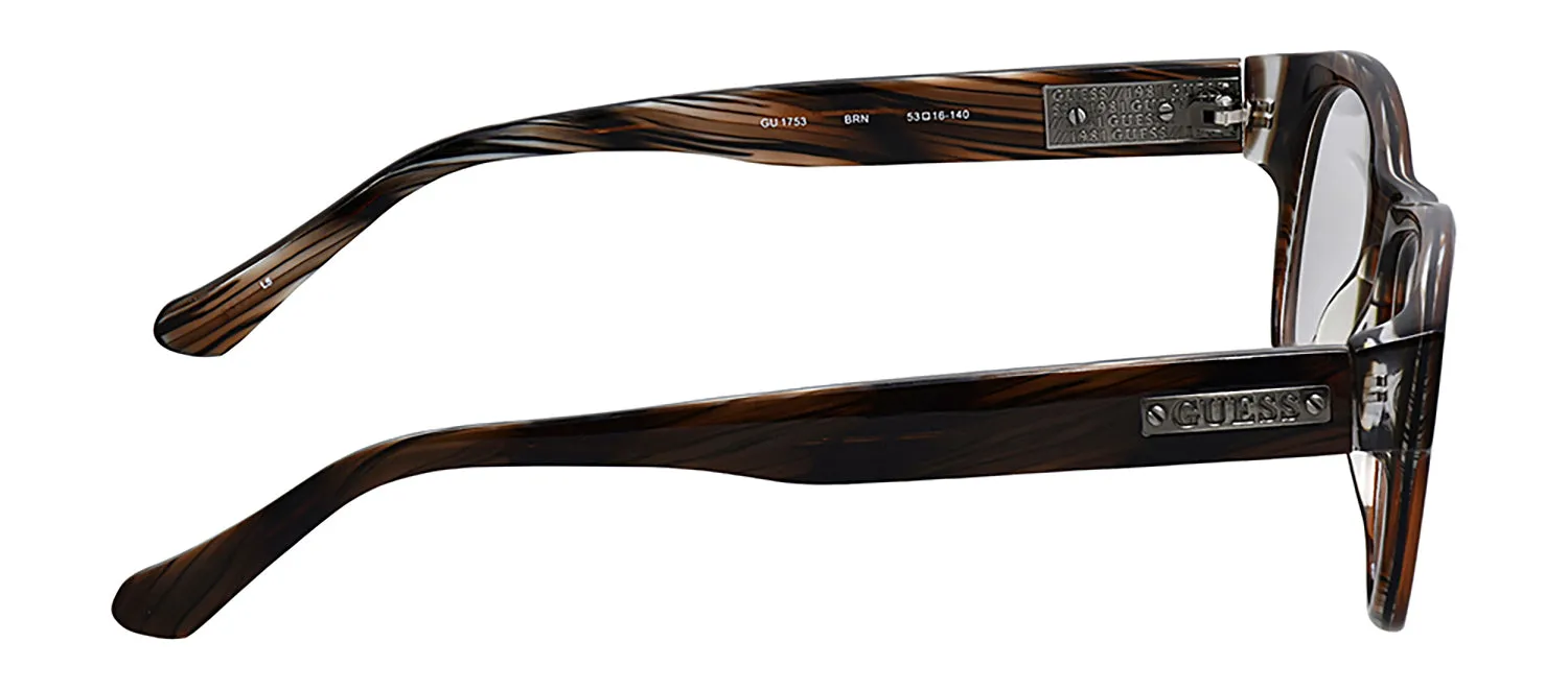 Guess GU 1753 BRN Round Plastic Brown Eyeglasses with Logo Stamped Demo Lenses