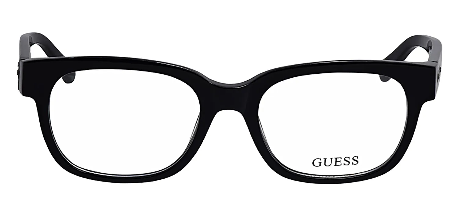 Guess GU 1754 BLK Round Plastic Black Eyeglasses with Logo Stamped Demo Lenses