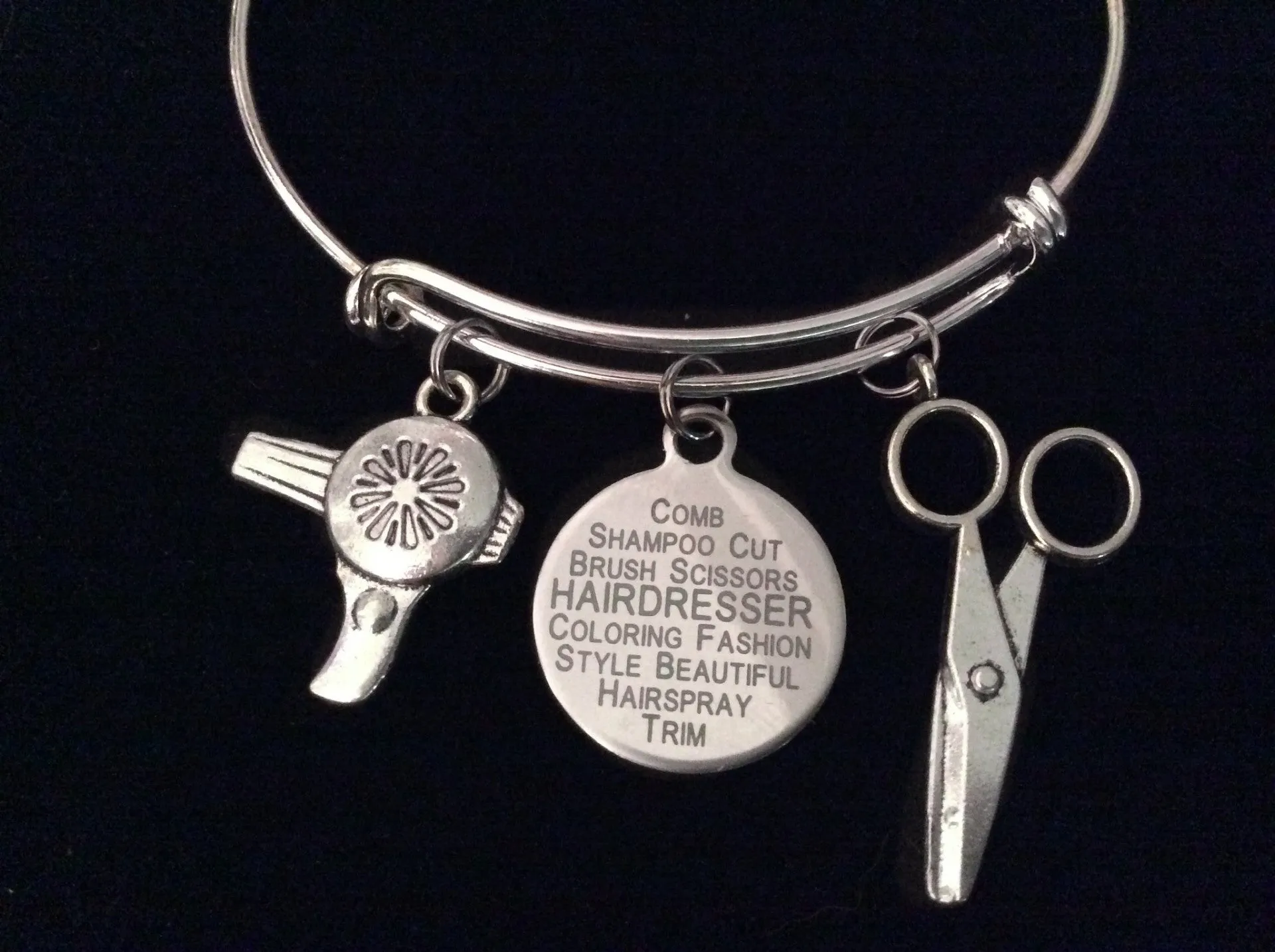 Hairdresser Scissors Hair Dryer Expandable Charm Bracelet Silver Adjustable Bangle Hair Stylist Gift