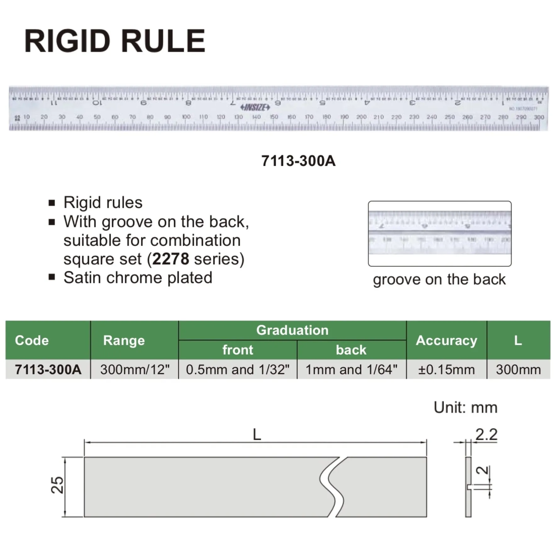 Insize Rigid Rule 300mm/12" Range Series 7113-300A