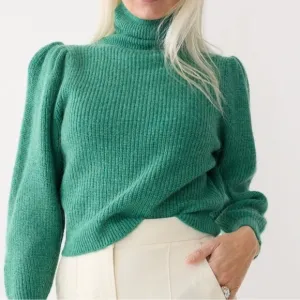 J.Crew Cropped Puff Sleeve Turtleneck Sweater XXL Green Knit Merino Wool