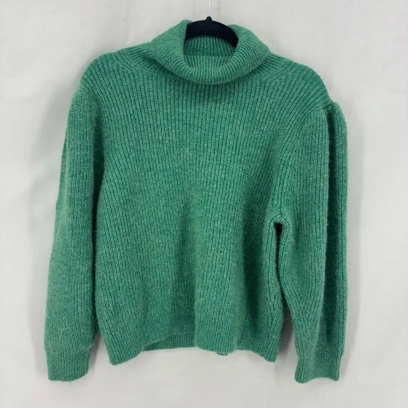 J.Crew Cropped Puff Sleeve Turtleneck Sweater XXL Green Knit Merino Wool