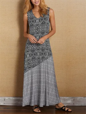 Lady Bohemian Style Sleeveless U Neck Printing Splice Dress