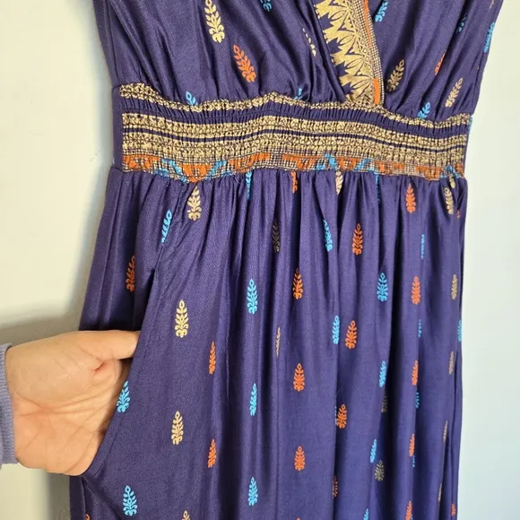 Lapogee Navy Indian Stencil Maxi Dress Women's M Boho Artsy Eclectic Pockets