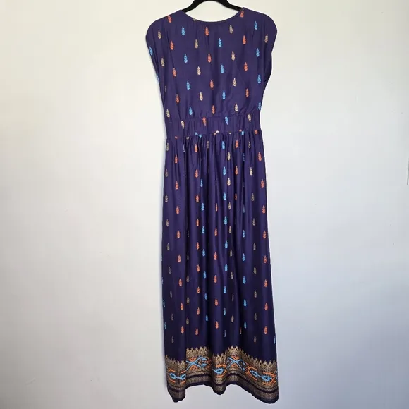 Lapogee Navy Indian Stencil Maxi Dress Women's M Boho Artsy Eclectic Pockets