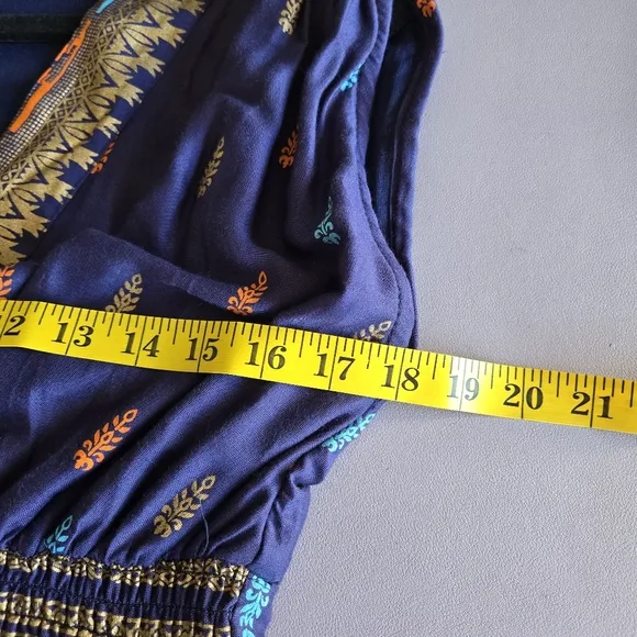 Lapogee Navy Indian Stencil Maxi Dress Women's M Boho Artsy Eclectic Pockets