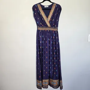 Lapogee Navy Indian Stencil Maxi Dress Women's M Boho Artsy Eclectic Pockets