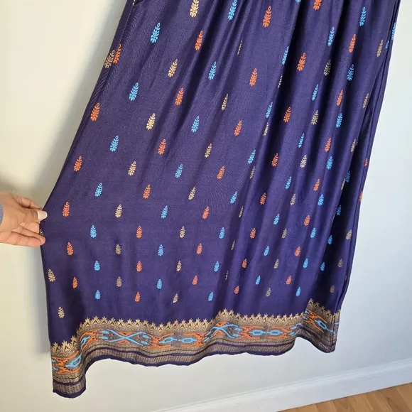 Lapogee Navy Indian Stencil Maxi Dress Women's M Boho Artsy Eclectic Pockets