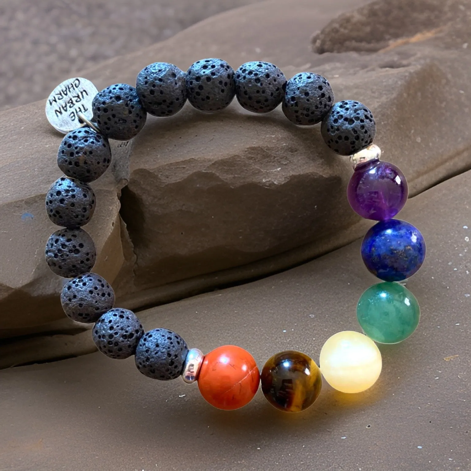Large Black Lava Rock Chakra Balance Bracelet with Natural Gemstones and Charm