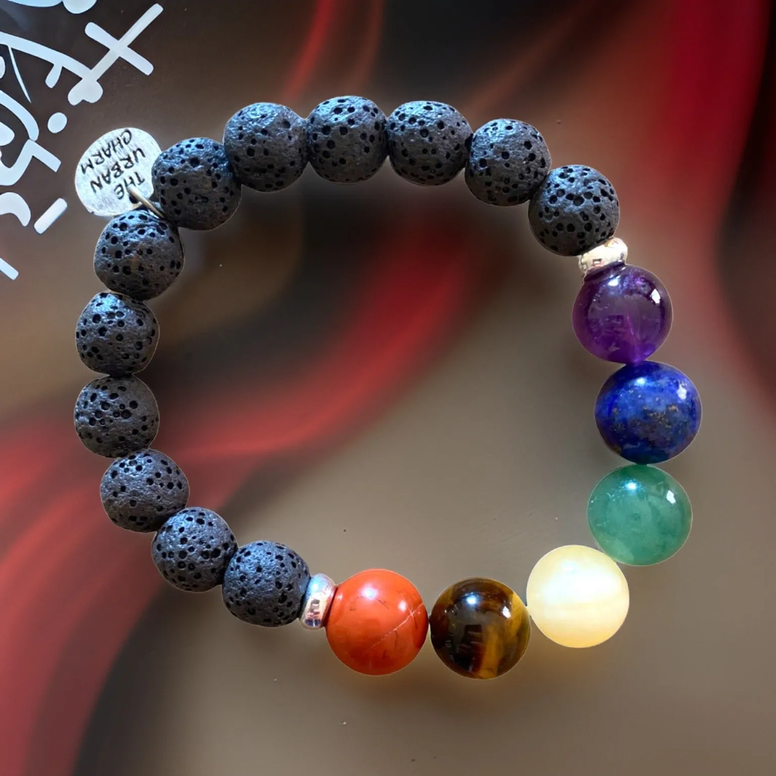 Large Black Lava Rock Chakra Balance Bracelet with Natural Gemstones and Charm