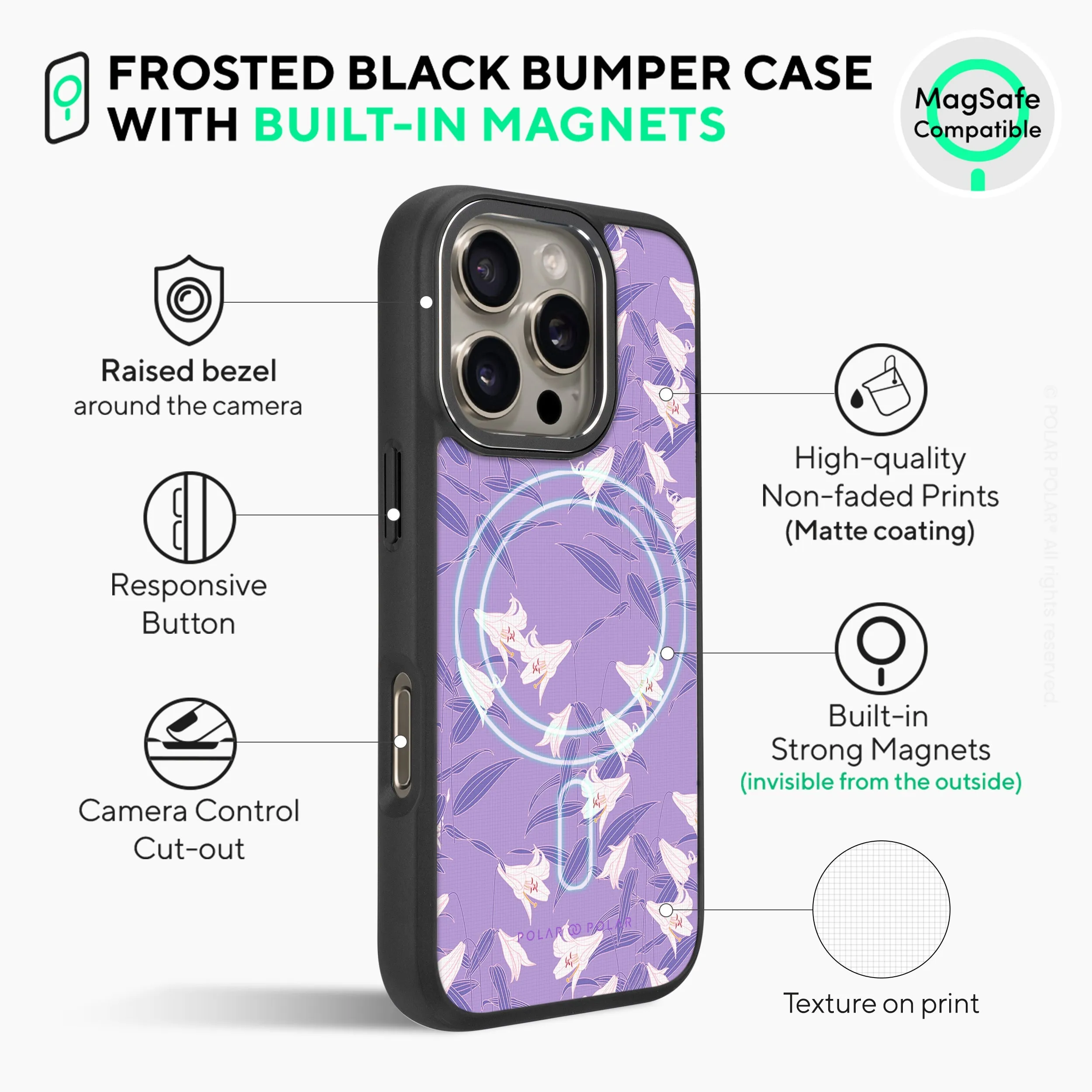Lavender Lily - iPhone 16 Pro Max Frosted Black Bumper MagSafe Case