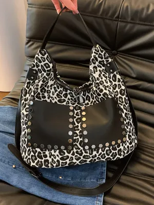 Leopard Polyester Shoulder Bag with Zippers