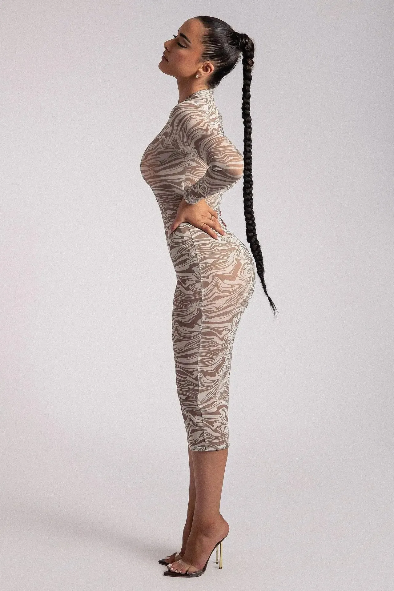 Leopard Print Transparent Midi Skirt - Long Sleeve Fashionable Outfit