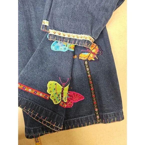 Lifestyle Woman Vintage Denim Jacket Large Applique Butterflies Ribbon