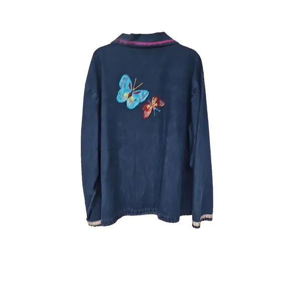 Lifestyle Woman Vintage Denim Jacket Large Applique Butterflies Ribbon