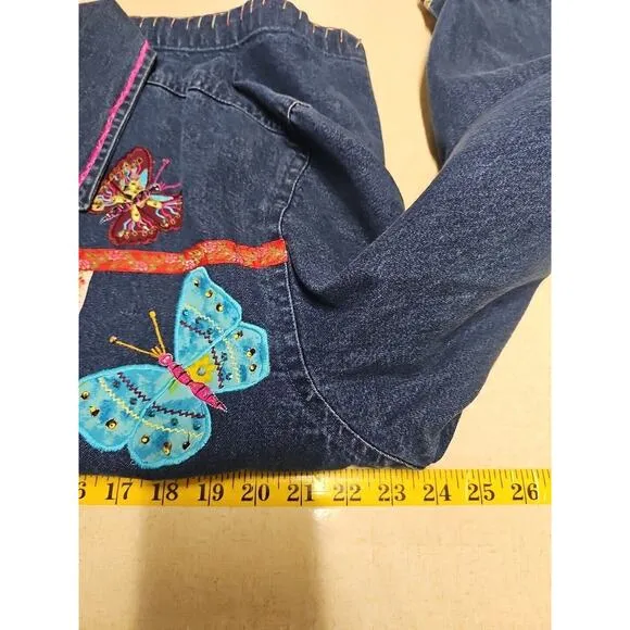 Lifestyle Woman Vintage Denim Jacket Large Applique Butterflies Ribbon