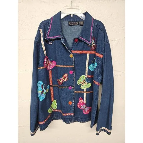 Lifestyle Woman Vintage Denim Jacket Large Applique Butterflies Ribbon