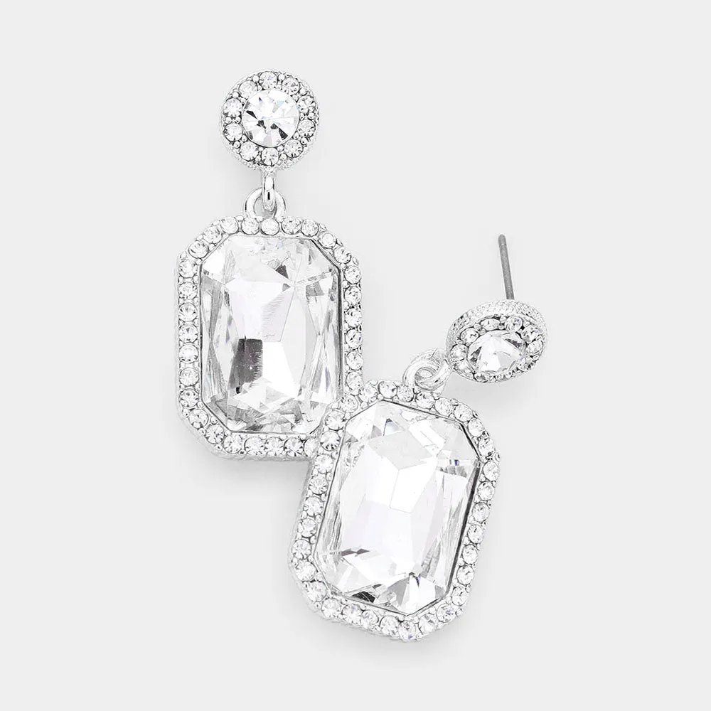 Little Girls Clear Crystal Rectangle Pageant Earrings on Silver | 440829