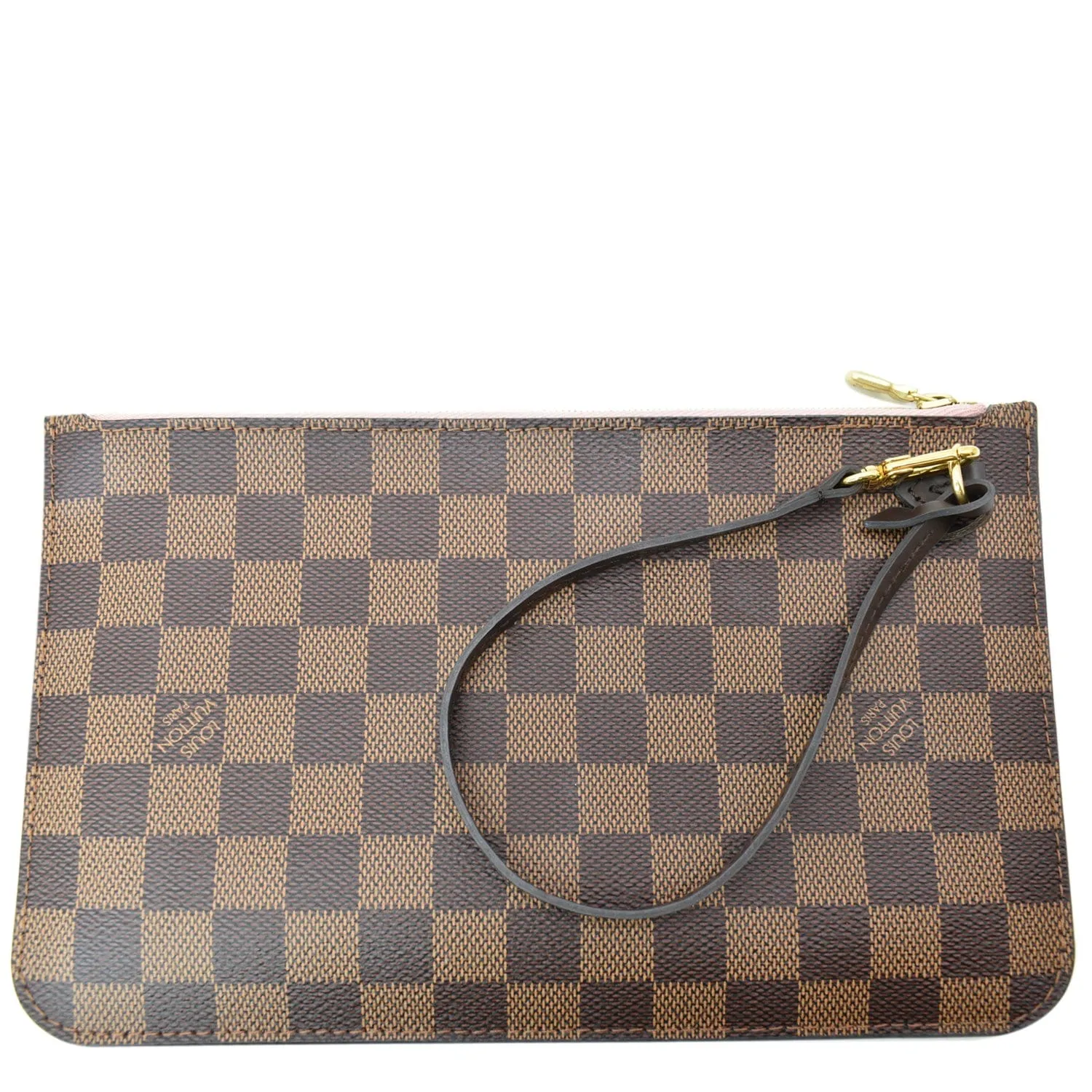 LOUIS VUITTON Pochette Wristlet Pouch Damier Ebene Neverfull MM Rose Ballerine