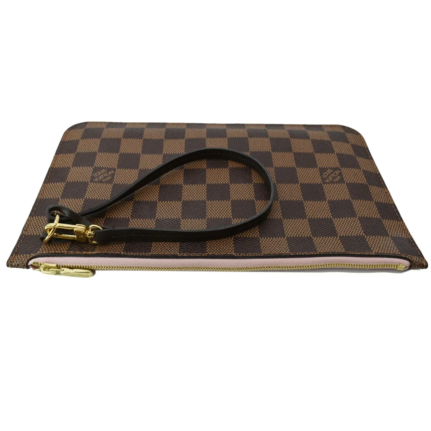 LOUIS VUITTON Pochette Wristlet Pouch Damier Ebene Neverfull MM Rose Ballerine
