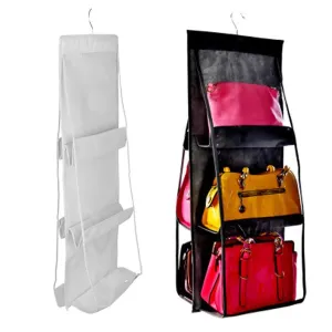 Luck Dawn Hanging Handbag Purse Organizer - Transparent Dust-Proof Wardrobe Closet Storage Bag for Clutch with 6 Larger Pockets (Black)