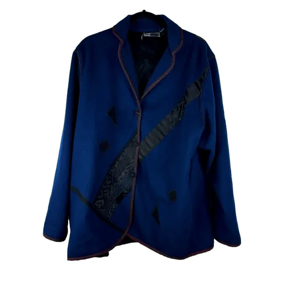 Lynn‎ Murray Vintage 100% Wool Women's Large Blue Black Coat Geometric Artsy