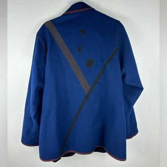 Lynn‎ Murray Vintage 100% Wool Women's Large Blue Black Coat Geometric Artsy
