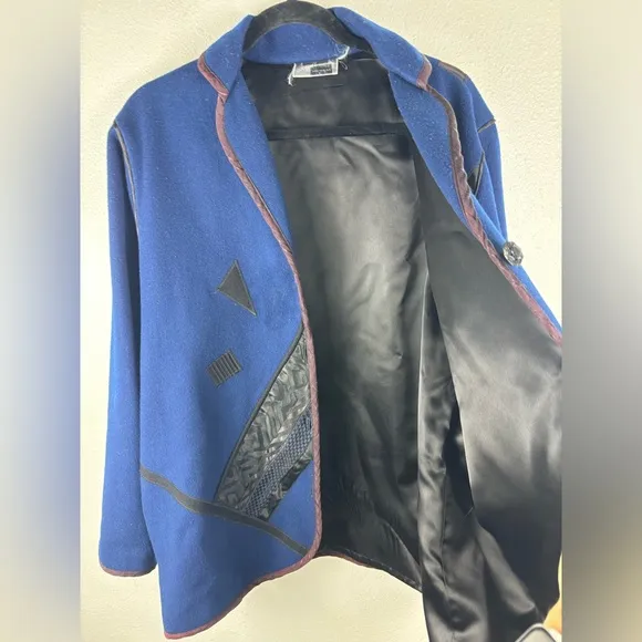 Lynn‎ Murray Vintage 100% Wool Women's Large Blue Black Coat Geometric Artsy