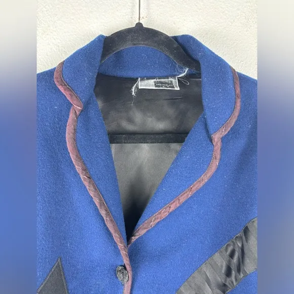 Lynn‎ Murray Vintage 100% Wool Women's Large Blue Black Coat Geometric Artsy