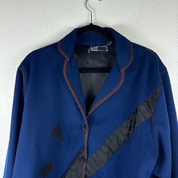 Lynn‎ Murray Vintage 100% Wool Women's Large Blue Black Coat Geometric Artsy
