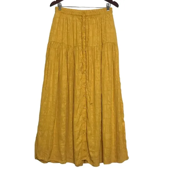 Maeve Anthropologie Yellow Carnacion Textured Viscose Tiered Maxi Skirt Sz M