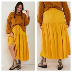 Maeve Anthropologie Yellow Carnacion Textured Viscose Tiered Maxi Skirt Sz M