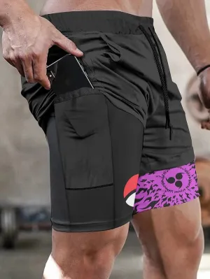 Men's Double Layer Fashionable Anime Digital Print Beach Pocket Shorts