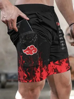 Men's Double Layer Fashionable Anime Digital Print Beach Pocket Shorts