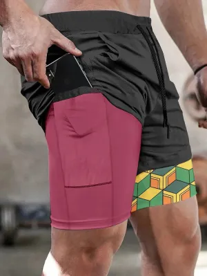 Men's Double Layer Fashionable Anime Digital Print Beach Pocket Shorts
