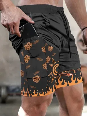 Men's Double Layer Fashionable Anime Digital Print Beach Pocket Shorts