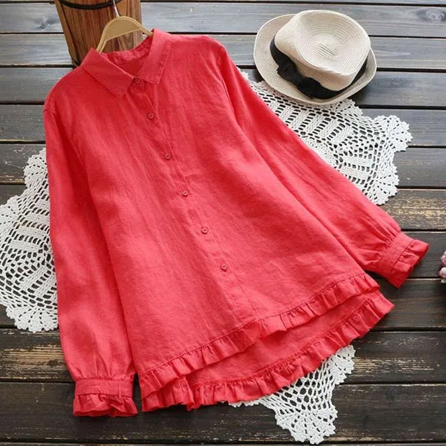 Mferlier Ladies Smart Casual Cotton Linen Summer Top Turn Down Collar Long Sleeve Artsy Ruffles Patchwork Women Blouses