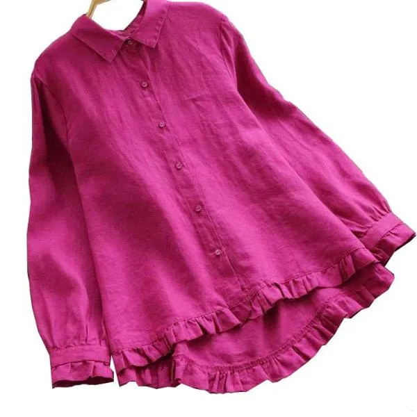 Mferlier Ladies Smart Casual Cotton Linen Summer Top Turn Down Collar Long Sleeve Artsy Ruffles Patchwork Women Blouses