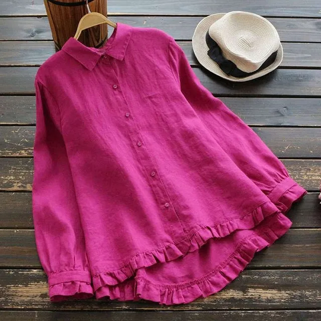 Mferlier Ladies Smart Casual Cotton Linen Summer Top Turn Down Collar Long Sleeve Artsy Ruffles Patchwork Women Blouses