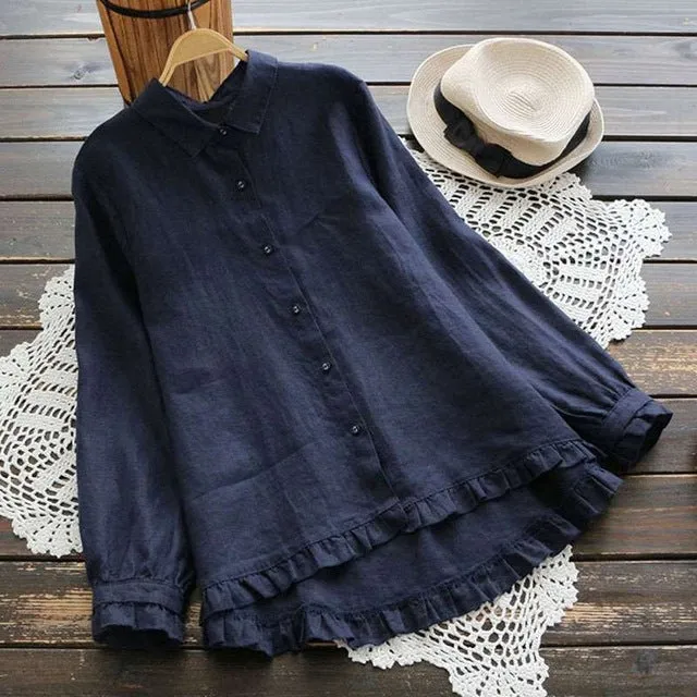 Mferlier Ladies Smart Casual Cotton Linen Summer Top Turn Down Collar Long Sleeve Artsy Ruffles Patchwork Women Blouses
