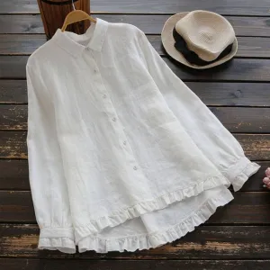 Mferlier Ladies Smart Casual Cotton Linen Summer Top Turn Down Collar Long Sleeve Artsy Ruffles Patchwork Women Blouses
